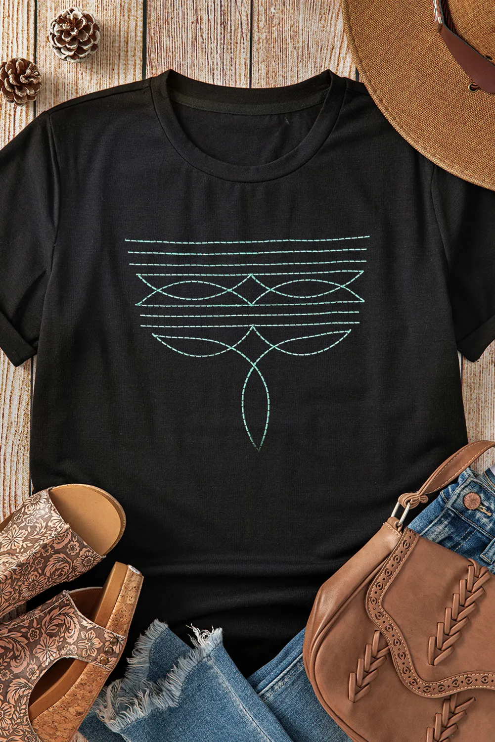 Black Western Fashion Geometric Embroidered T Shirt sold by Beagle Boutique product image thumbnail 5