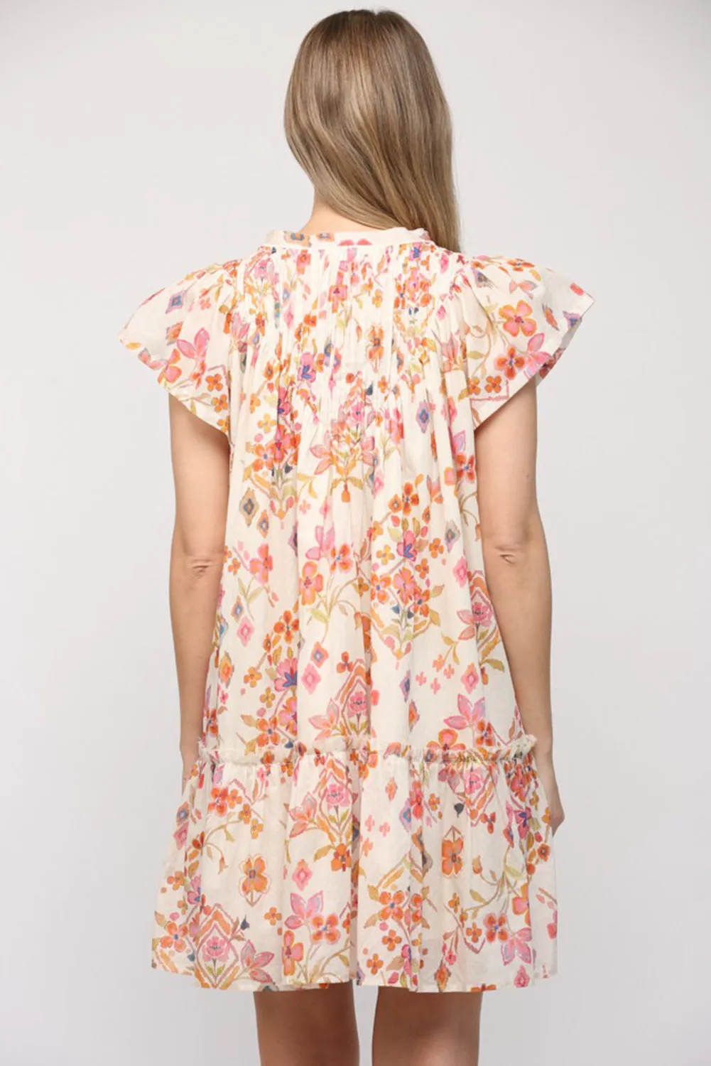 Beige Floral Geometric Print Ruffled Trim Flutter Sleeve Mini Dress sold by Beagle Boutique product image thumbnail 4