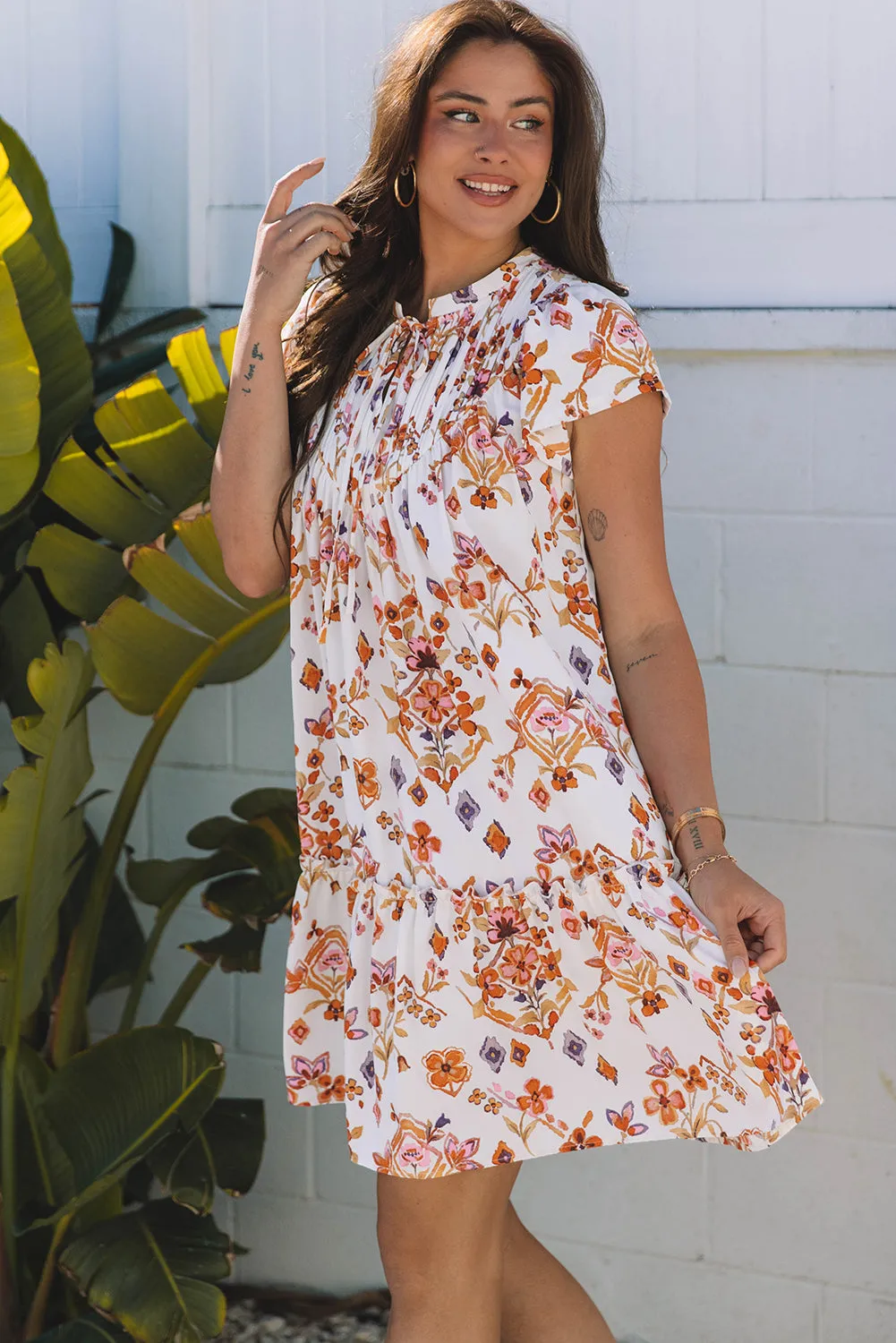 Beige Floral Geometric Print Ruffled Trim Flutter Sleeve Mini Dress sold by Beagle Boutique product image thumbnail 3