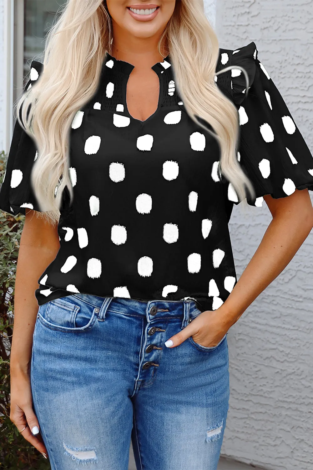 Polka Dot Print Shirred Yoke Notched Neck Balloon Sleeve Blouse sold by Beagle Boutique product image thumbnail 5
