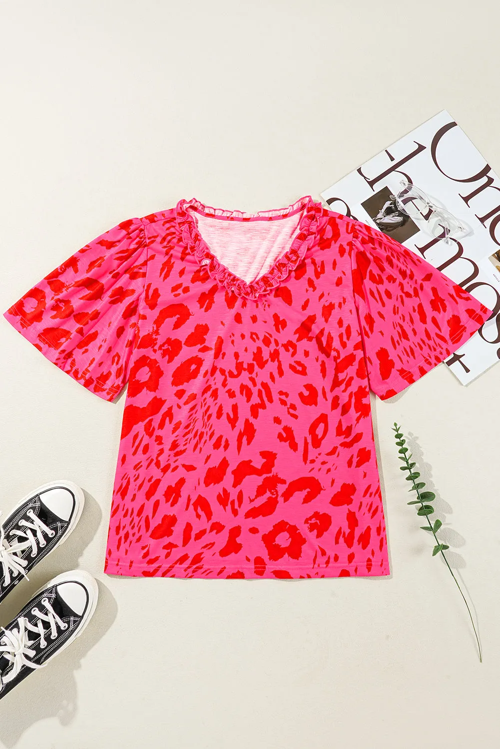 Rose Leopard Frilly V Neck Short Sleeve Blouse sold by Beagle Boutique product image thumbnail 5