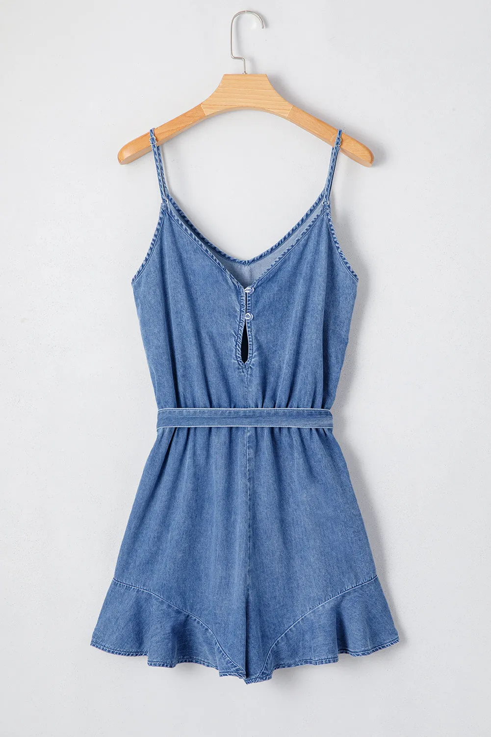 Ashleigh Blue Spaghetti Straps V Neck Belted Ruffled Leg Chambray Romper sold by Beagle Boutique product image thumbnail 5