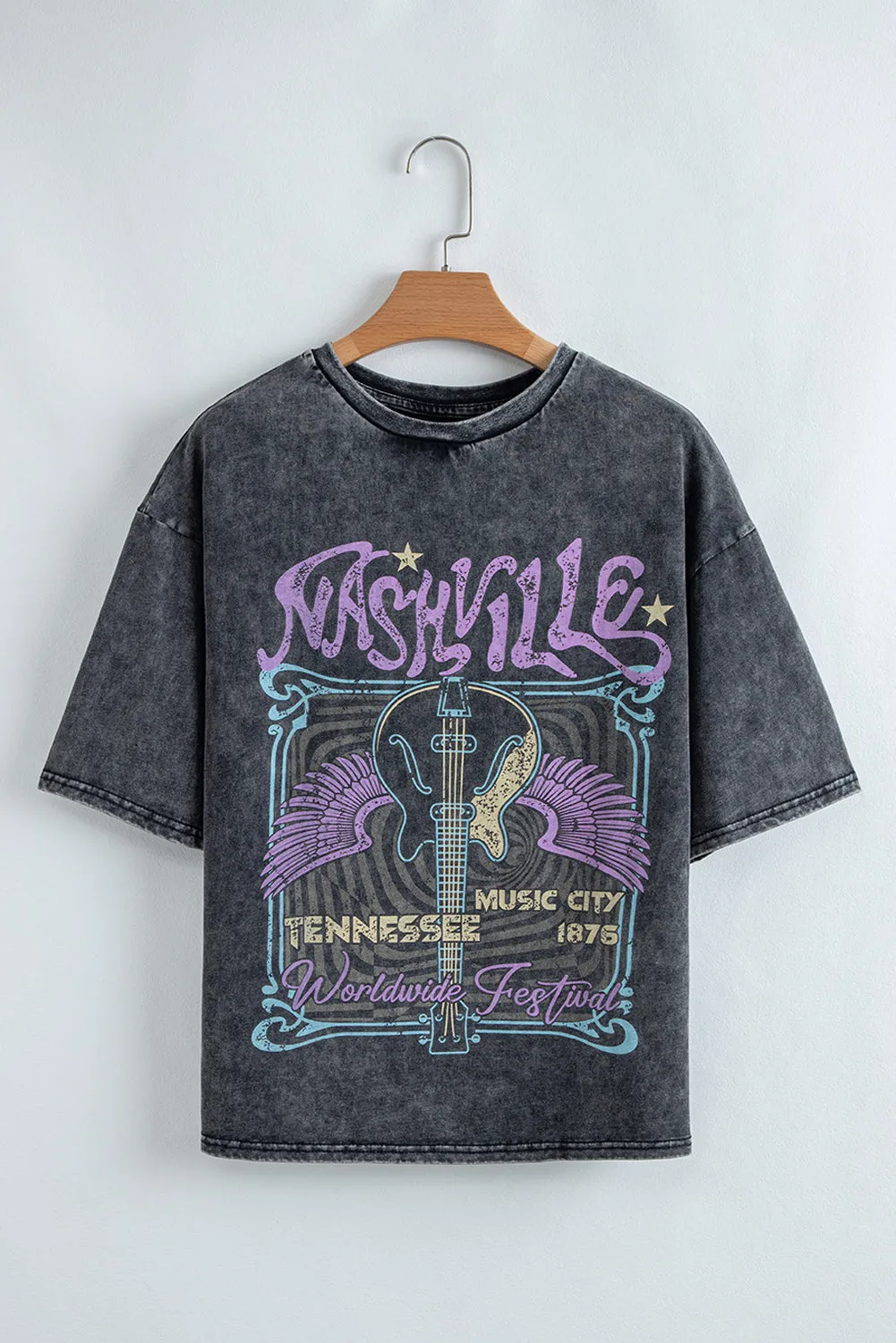 Black Nashville Tennessee Graphic Mineral Washed Vintage Tee sold by Beagle Boutique product image thumbnail 3