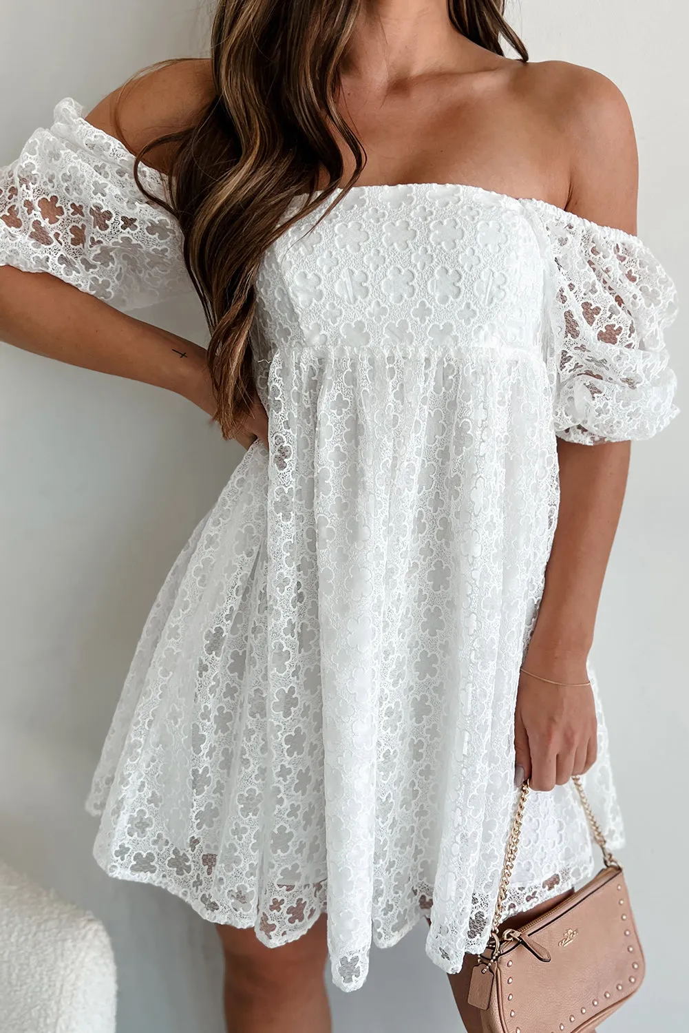 White Floral Lace Puff Sleeve Empire Waist Mini Dress sold by Beagle Boutique