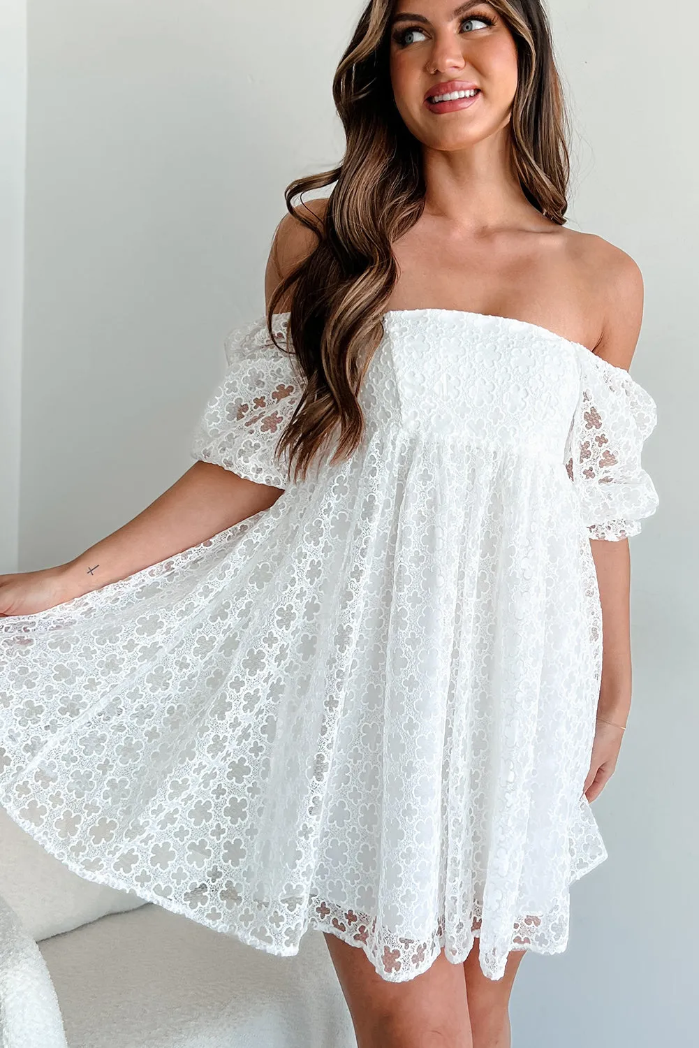 White Floral Lace Puff Sleeve Empire Waist Mini Dress sold by Beagle Boutique product image thumbnail 3