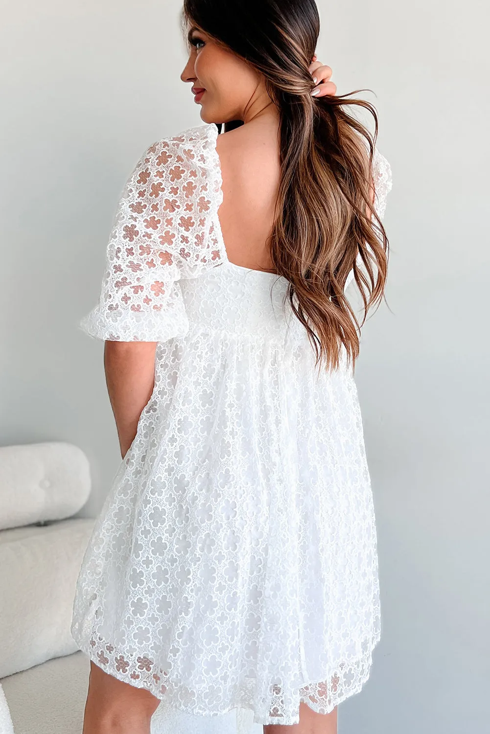 White Floral Lace Puff Sleeve Empire Waist Mini Dress sold by Beagle Boutique product image thumbnail 2