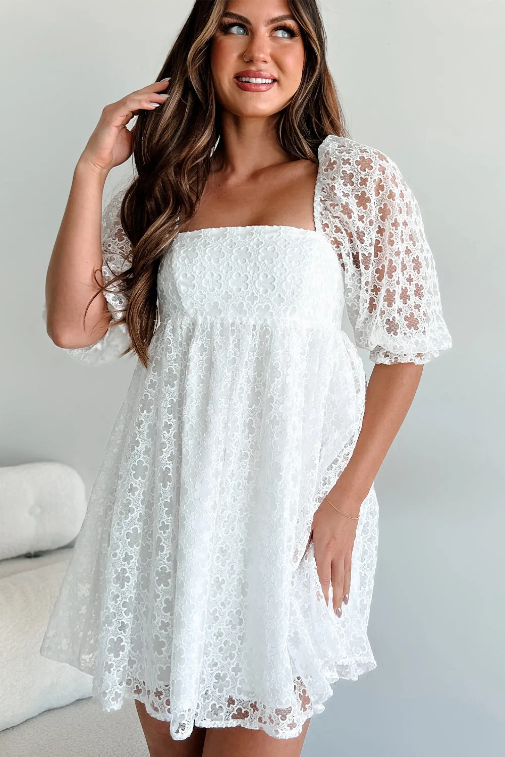 White Floral Lace Puff Sleeve Empire Waist Mini Dress sold by Beagle Boutique product image thumbnail 4