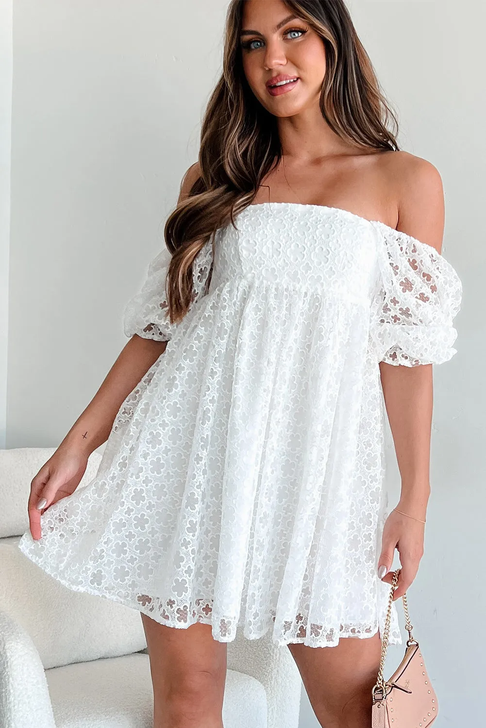 White Floral Lace Puff Sleeve Empire Waist Mini Dress sold by Beagle Boutique product image thumbnail 5