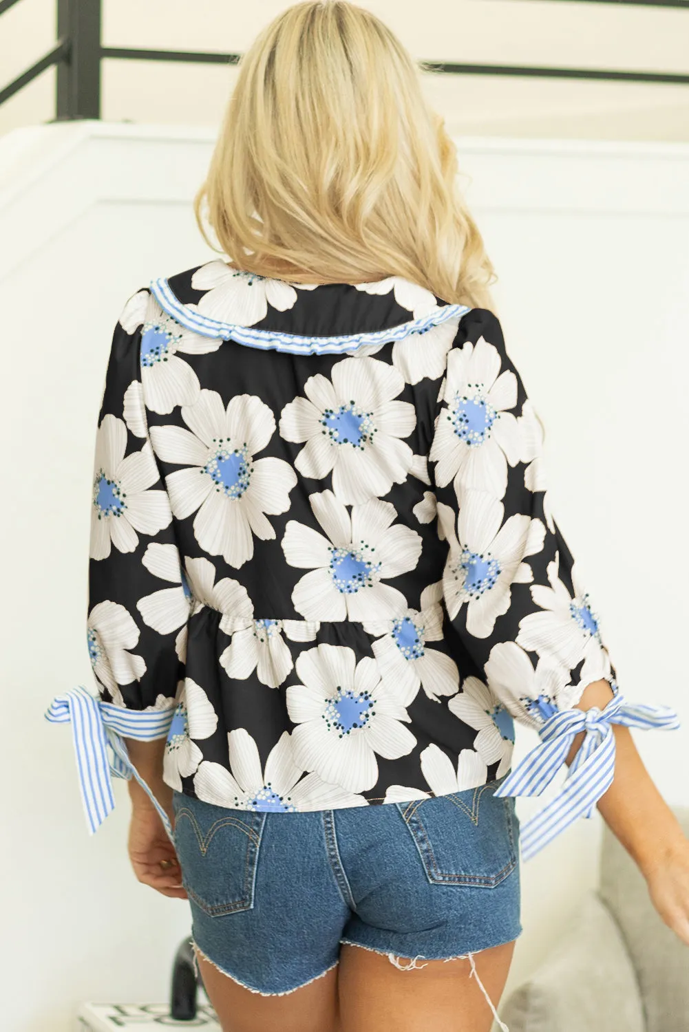 Black Floral Print Striped Tie Sleeve Collared V Neck Blouse sold by Beagle Boutique product image thumbnail 2