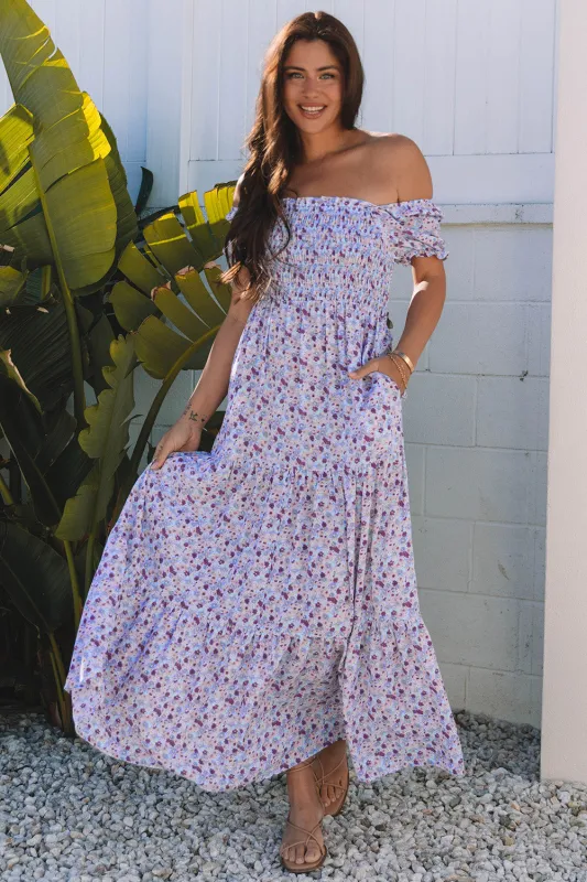 Purple Floral Short Bubble Sleeve Shirred High Waist Maxi Dress sold by Beagle Boutique