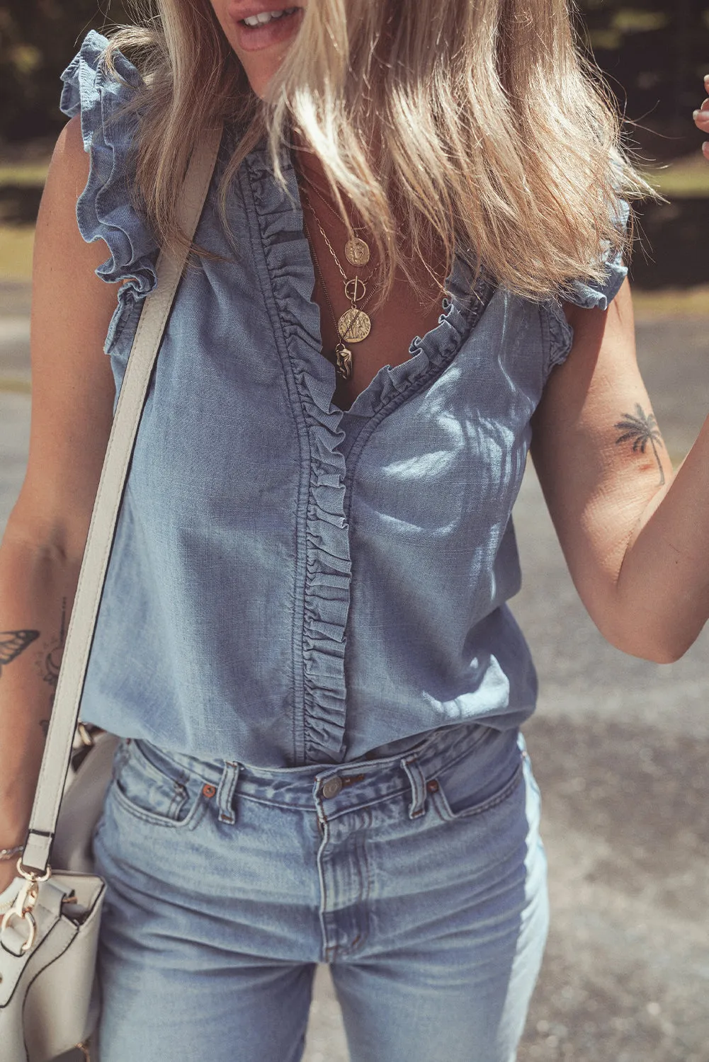 Beau Blue Frilly Ruffle Trim V Neck Chambray Tank Top sold by Beagle Boutique product image thumbnail 3