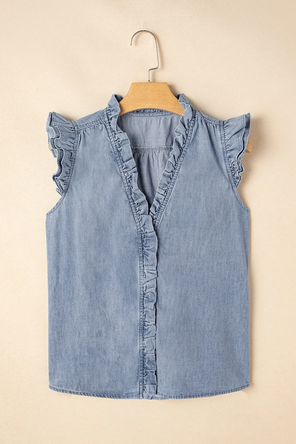Beau Blue Frilly Ruffle Trim V Neck Chambray Tank Top sold by Beagle Boutique product image thumbnail 5