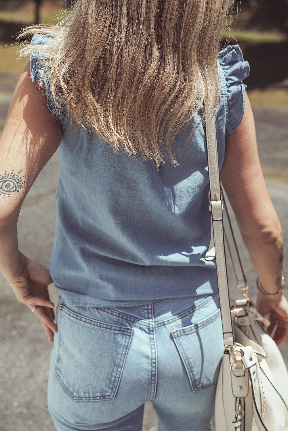 Beau Blue Frilly Ruffle Trim V Neck Chambray Tank Top sold by Beagle Boutique product image thumbnail 2