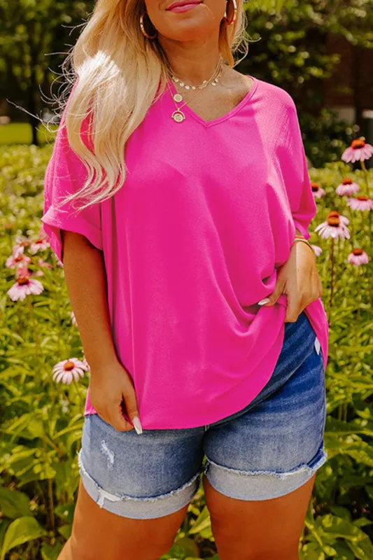 Bright Pink Seamed Back High Low Hem V Neck Cuffed Sleeve Plus Size Tee sold by Beagle Boutique