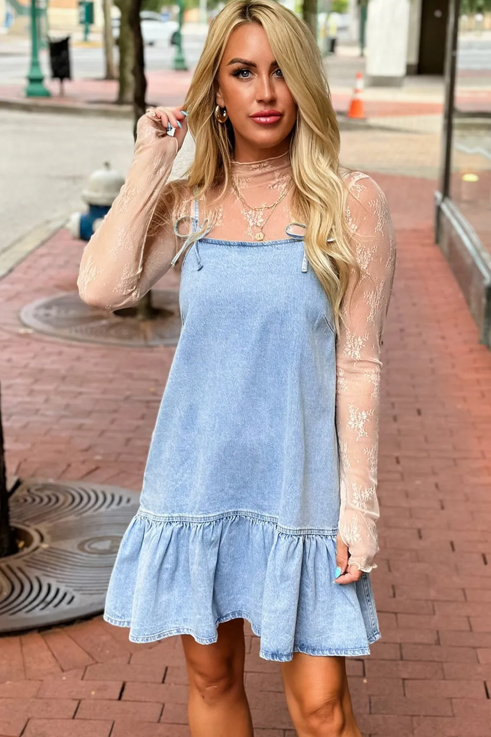 Beau Blue Bow Detail Spaghetti Straps Ruffle Hem Denim Short Dress sold by Beagle Boutique product image thumbnail 4