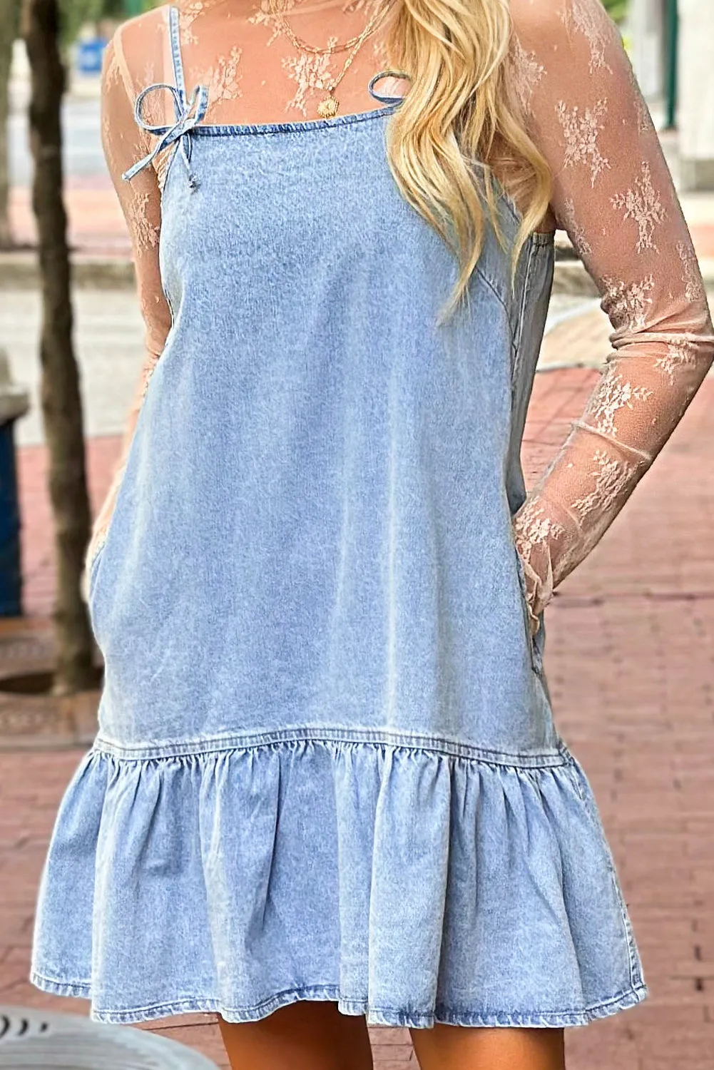 Beau Blue Bow Detail Spaghetti Straps Ruffle Hem Denim Short Dress sold by Beagle Boutique product image thumbnail 5