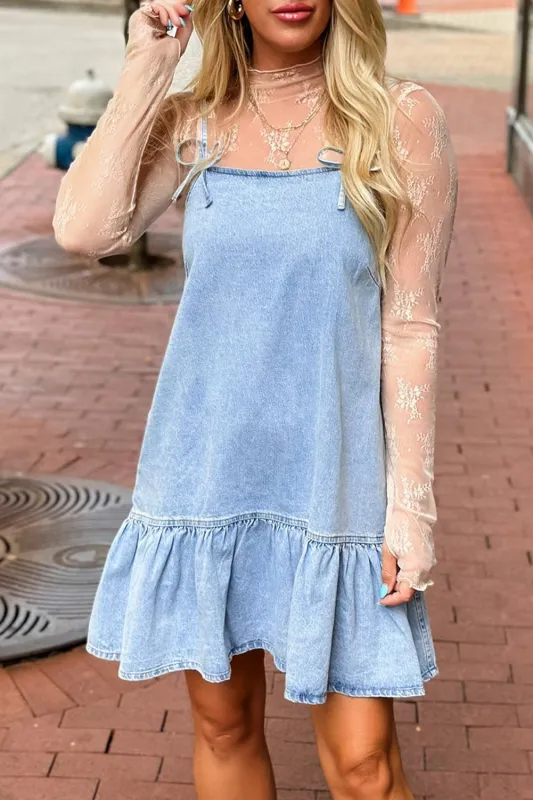 Beau Blue Bow Detail Spaghetti Straps Ruffle Hem Denim Short Dress sold by Beagle Boutique