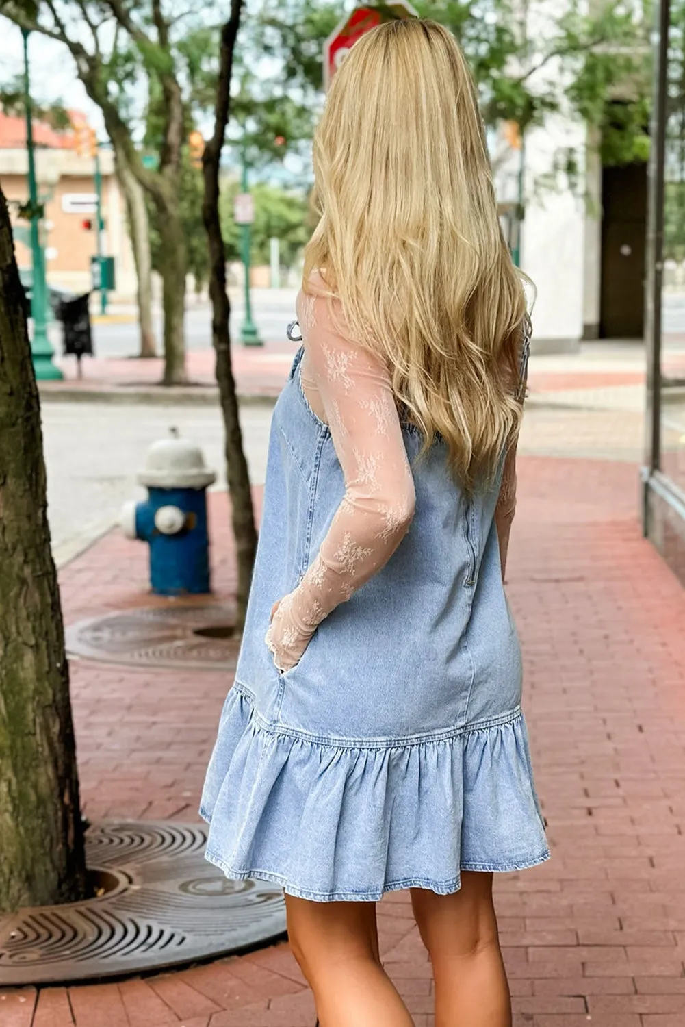 Beau Blue Bow Detail Spaghetti Straps Ruffle Hem Denim Short Dress sold by Beagle Boutique product image thumbnail 2