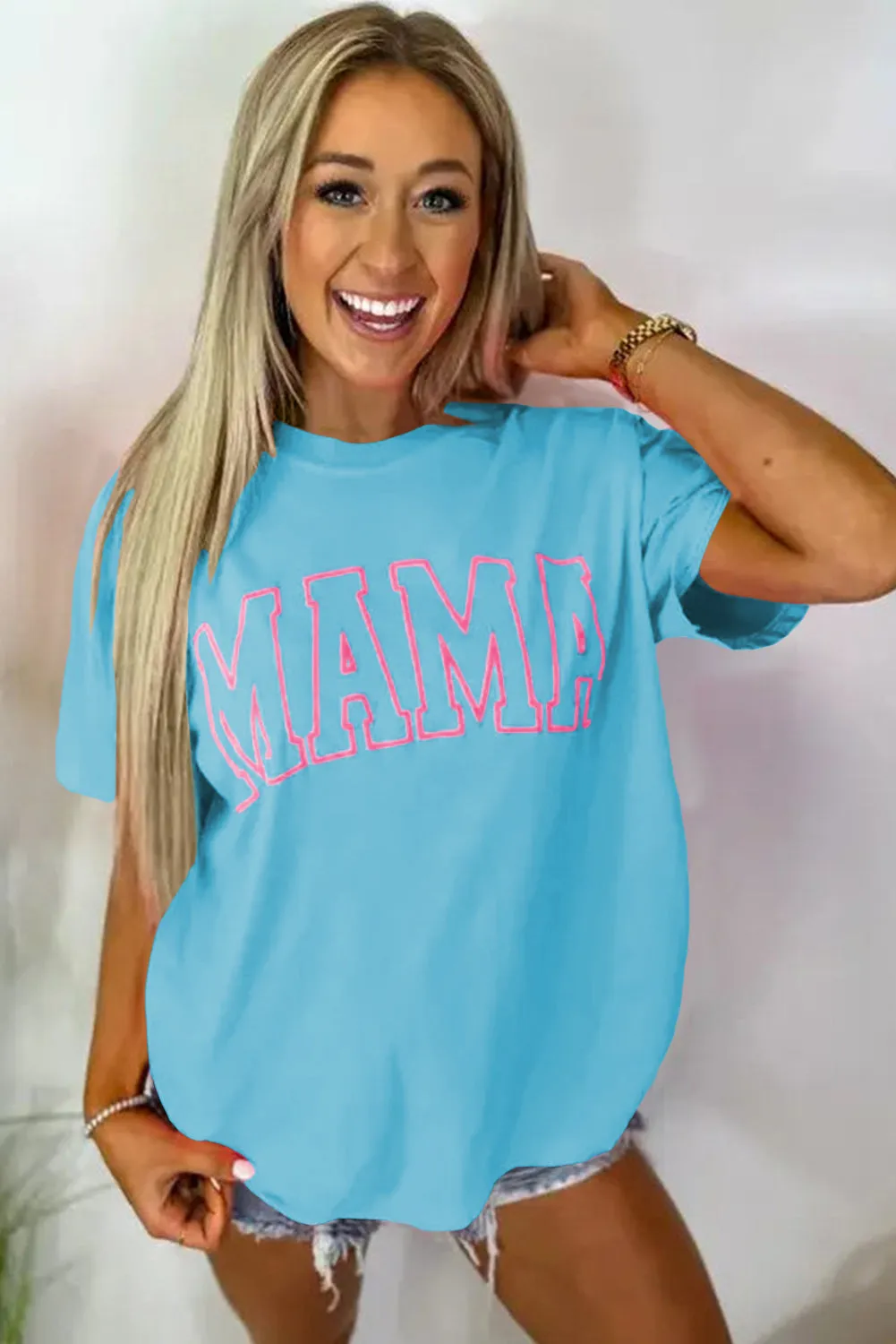 Light Blue MAMA Letter Graphic Neon T Shirt sold by Beagle Boutique product image thumbnail 3