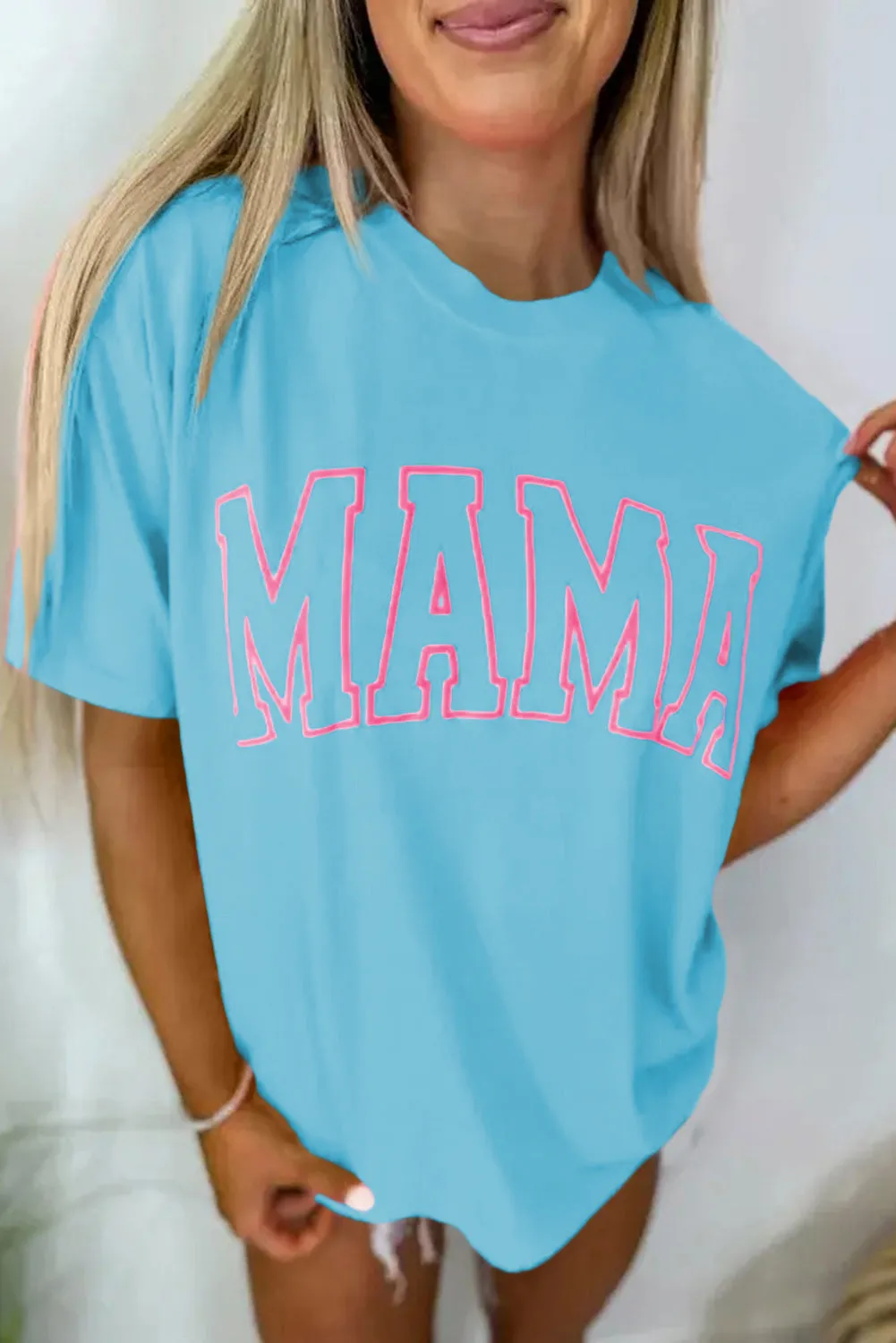 Light Blue MAMA Letter Graphic Neon T Shirt sold by Beagle Boutique