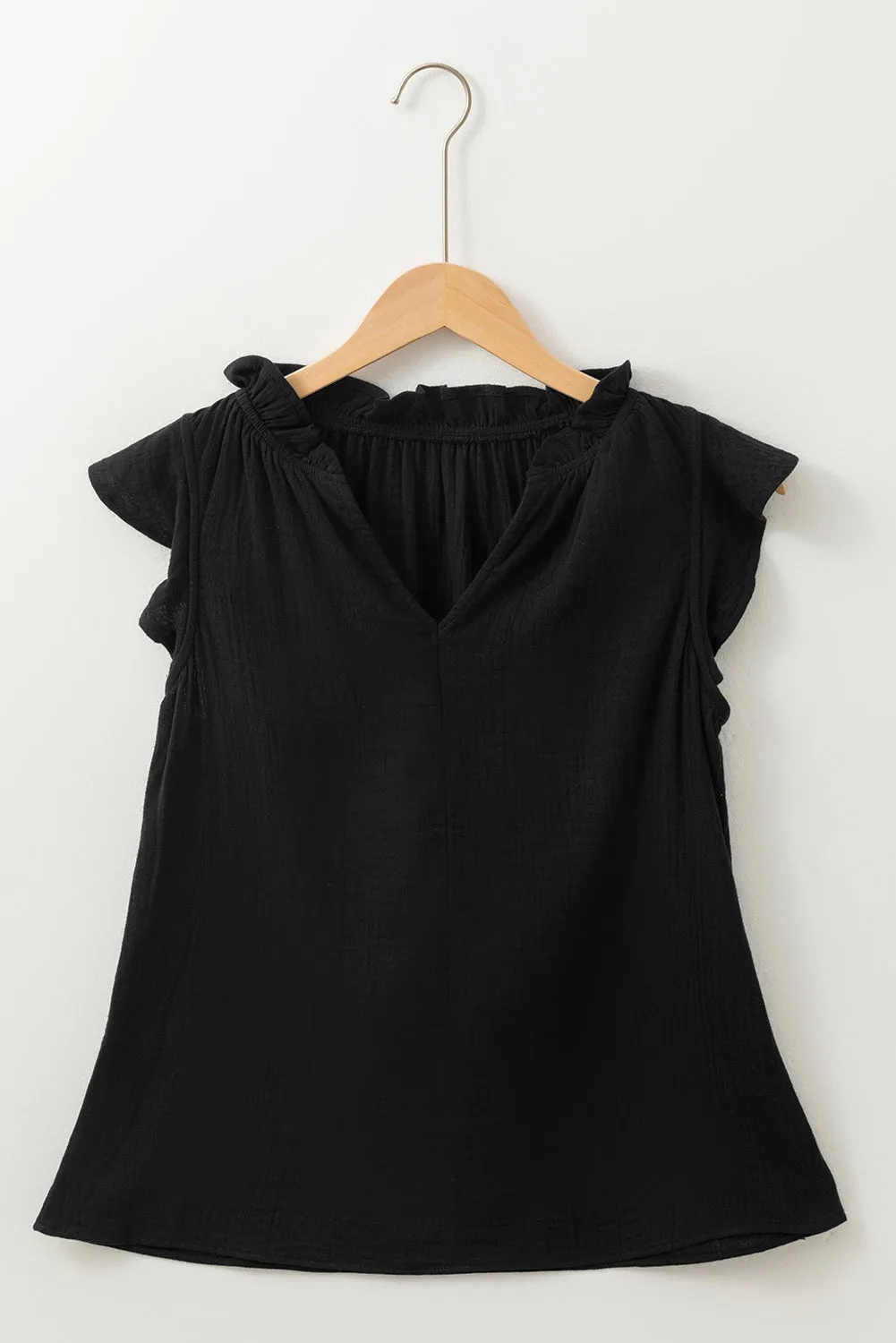 Black Ruffled Shoulder V Neck Shift Tank Top sold by Beagle Boutique product image thumbnail 3