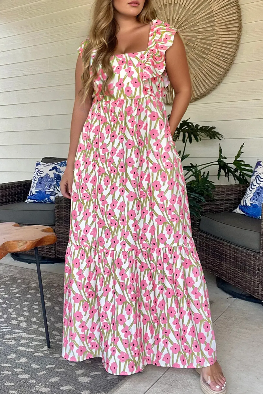 Pink Plus Size Ruffle Trim Square Neck High Waist Floral Maxi Dress sold by Beagle Boutique