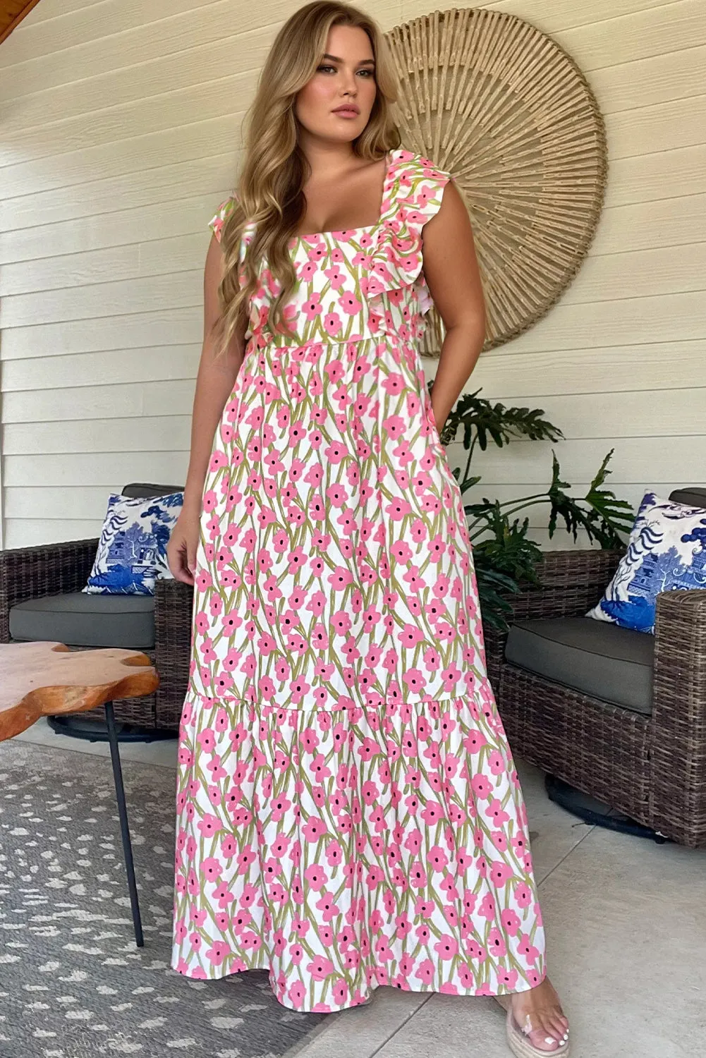 Pink Plus Size Ruffle Trim Square Neck High Waist Floral Maxi Dress sold by Beagle Boutique product image thumbnail 3