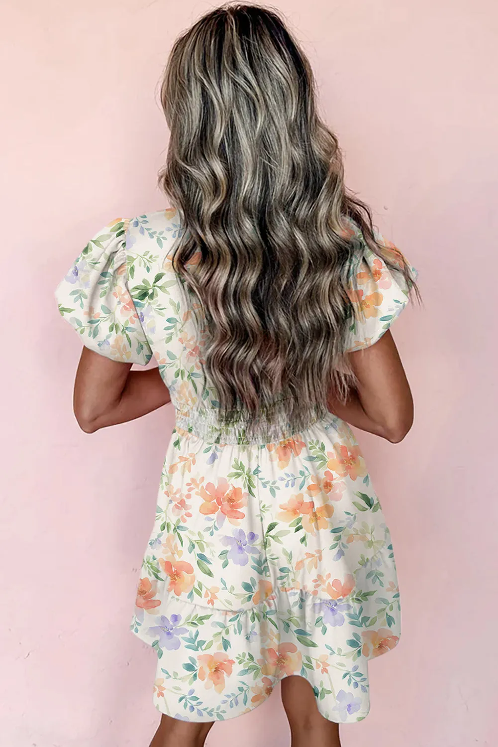 Beige Floral Print Shirred High Waist Puff Sleeve Mini Dress sold by Beagle Boutique product image thumbnail 2