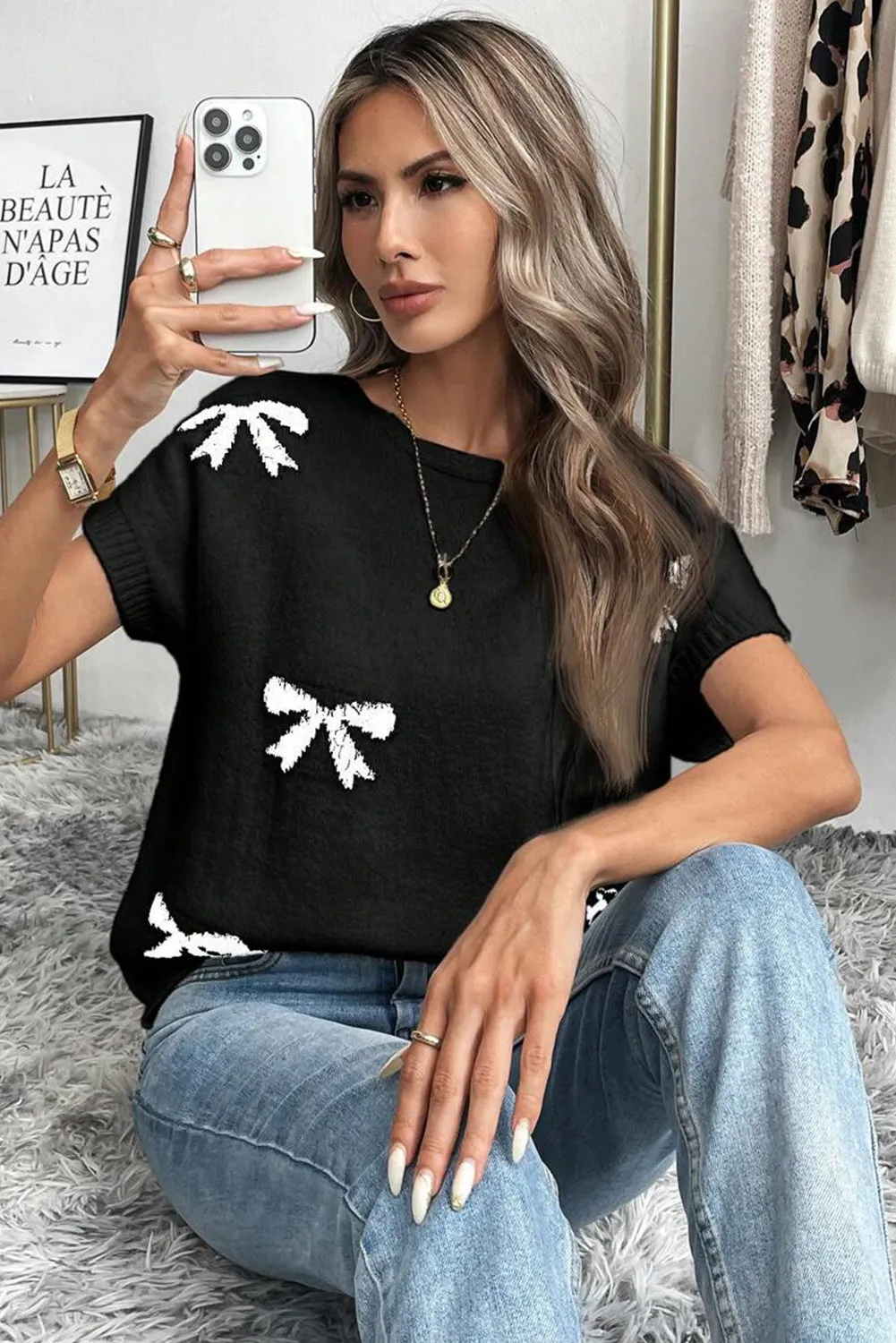 Bow Pattern Knit Short Sleeve Black Sweater sold by Beagle Boutique product image thumbnail 4