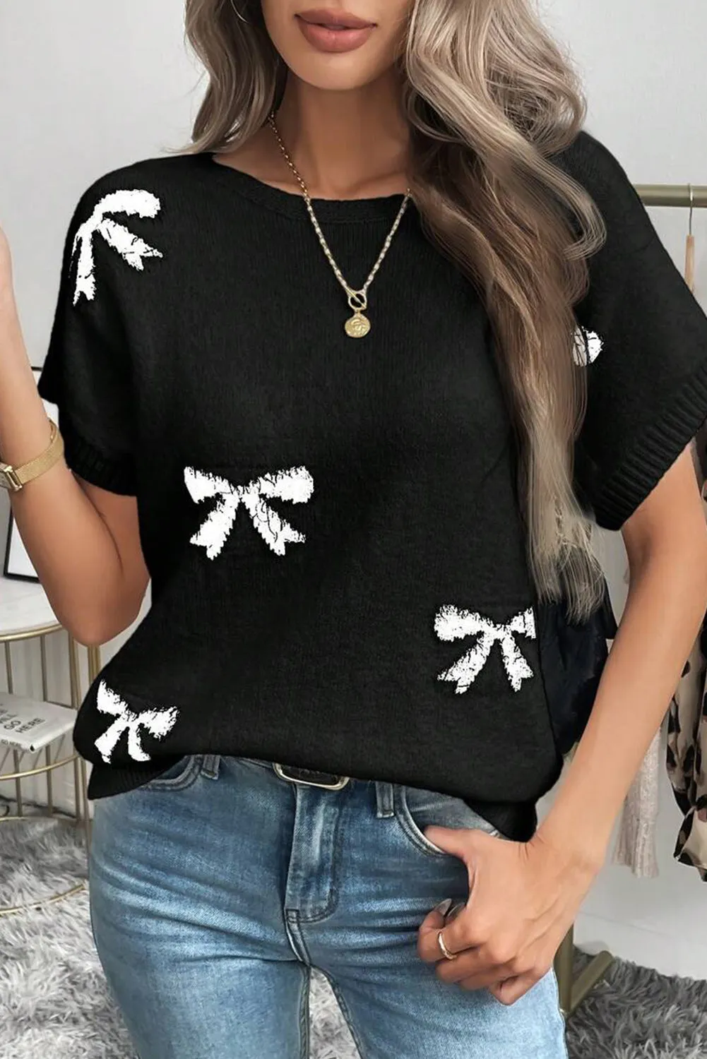 Bow Pattern Knit Short Sleeve Black Sweater sold by Beagle Boutique product image thumbnail 5