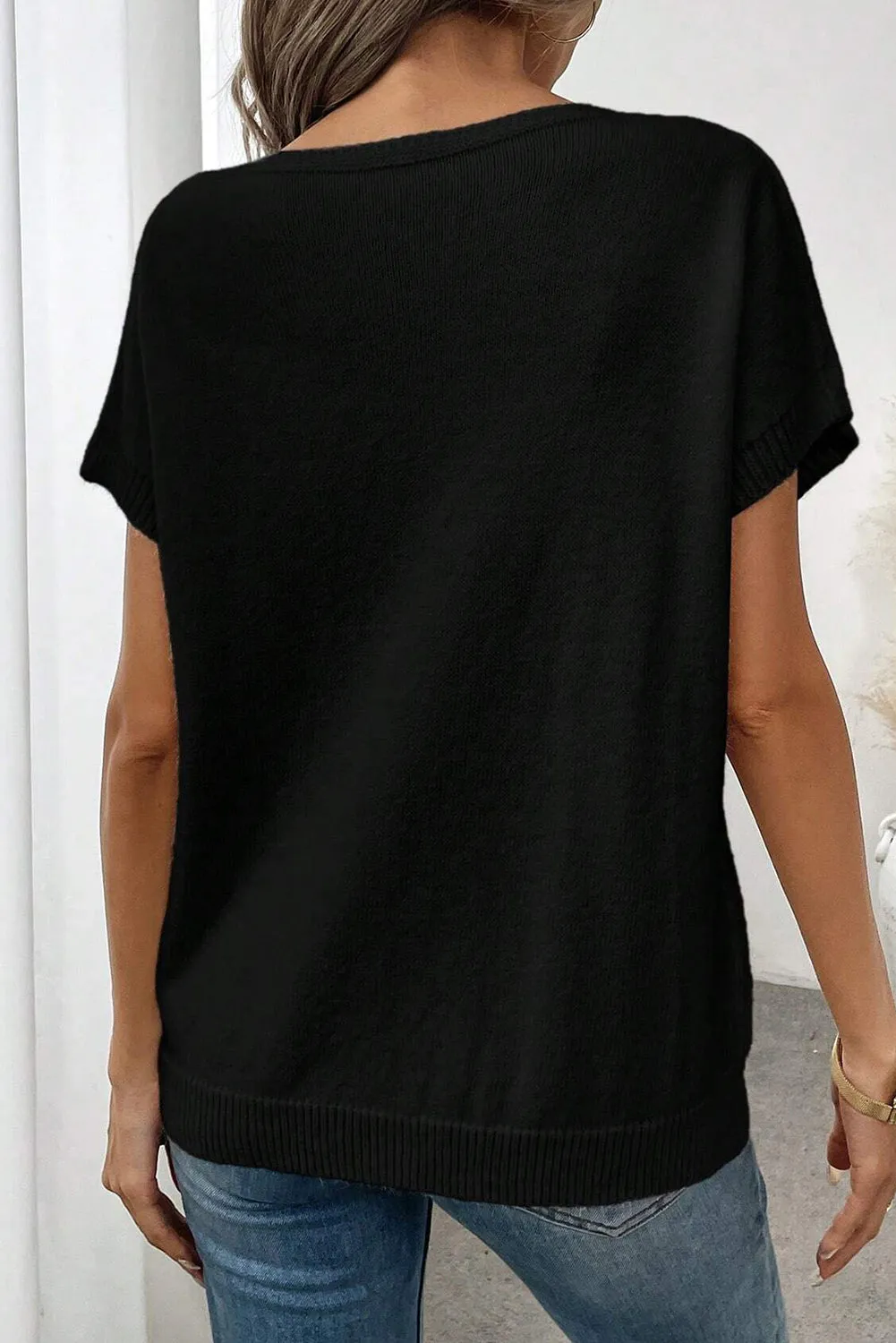 Bow Pattern Knit Short Sleeve Black Sweater sold by Beagle Boutique product image thumbnail 3