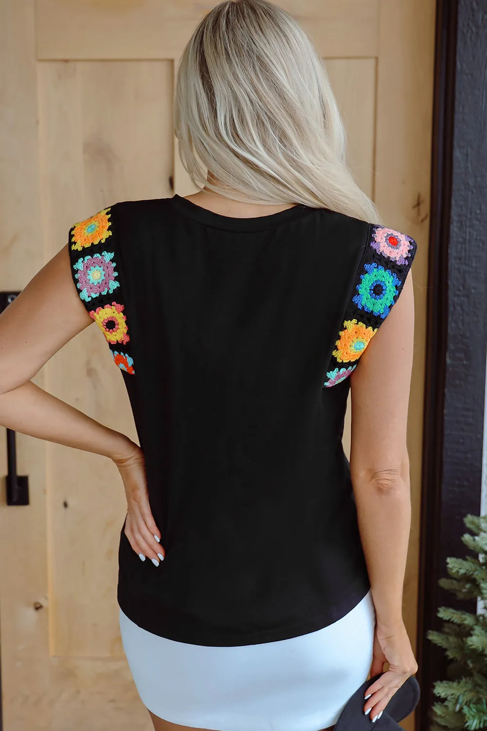 Black Floral Crochet Patched Sleeve Crew Neck Casual Sleeveless Top sold by Beagle Boutique product image thumbnail 2