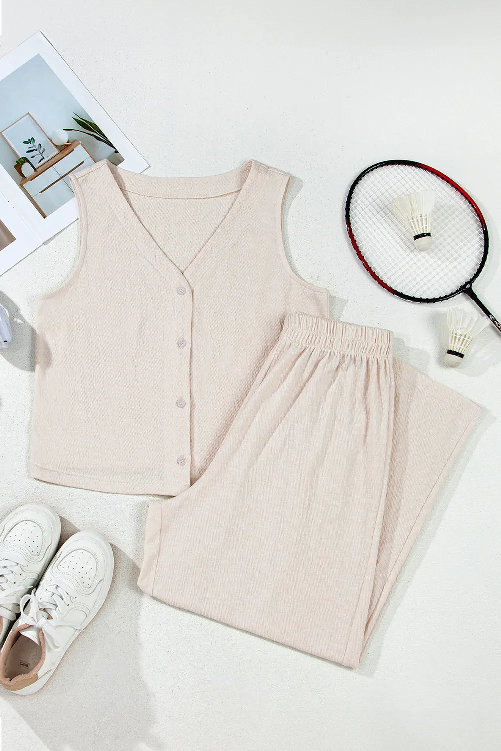 Beige Buttoned V Neck Tank Top and Wide Leg Trousers Casual Outfit sold by Beagle Boutique product image thumbnail 5