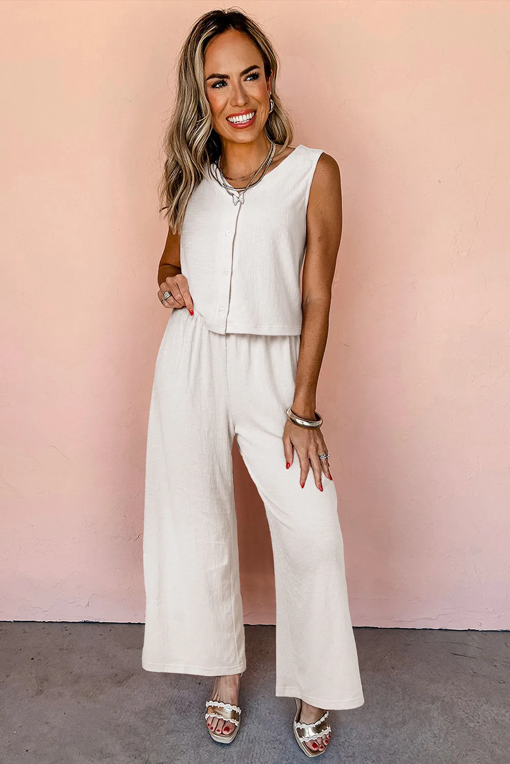 Beige Buttoned V Neck Tank Top and Wide Leg Trousers Casual Outfit sold by Beagle Boutique product image thumbnail 4