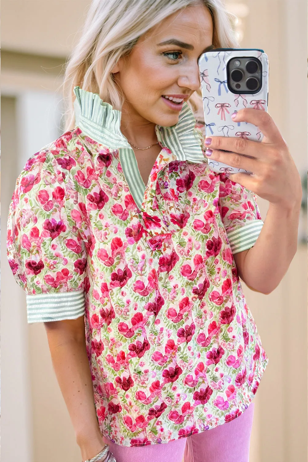 Red Floral Print Striped Patchwork Collared Short Sleeve Blouse sold by Beagle Boutique product image thumbnail 2