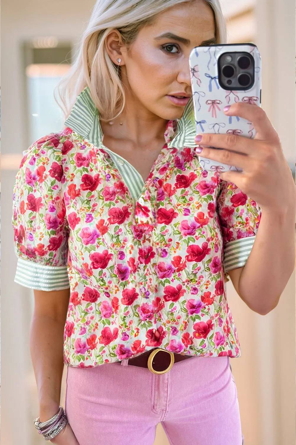 Red Floral Print Striped Patchwork Collared Short Sleeve Blouse sold by Beagle Boutique product image thumbnail 3