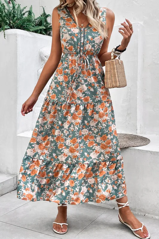 Green Floral Print Trimmed V Neck Tie Waist Sleeveless Holiday Long Dress sold by Beagle Boutique