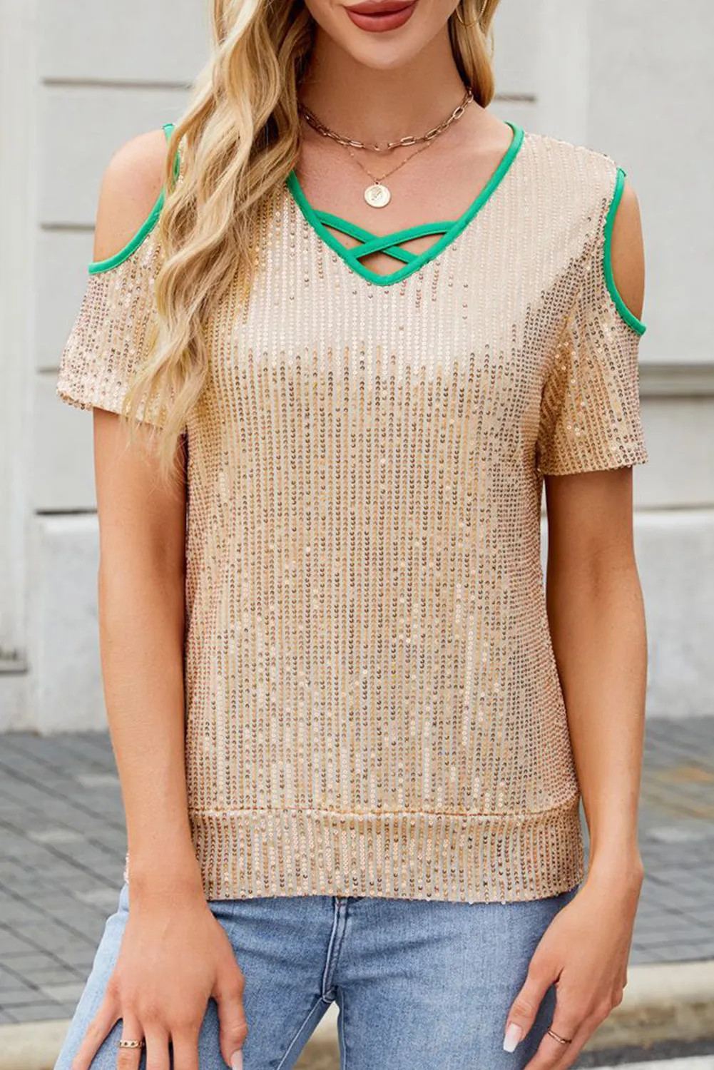 Gold Sequin Contrast Trim Cold Shoulder Short Sleeve Top sold by Beagle Boutique