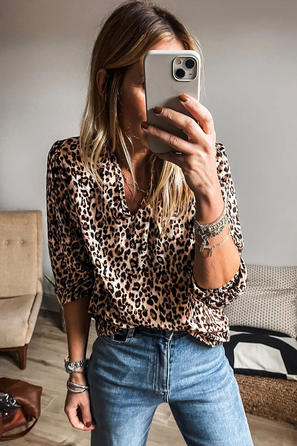 Apricot Leopard V Neck Half Sleeve Blouse sold by Beagle Boutique product image thumbnail 3