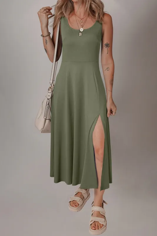 Four Leaf Clover Sleeveless Scoop Neck Flared Split Midi Dress sold by Beagle Boutique