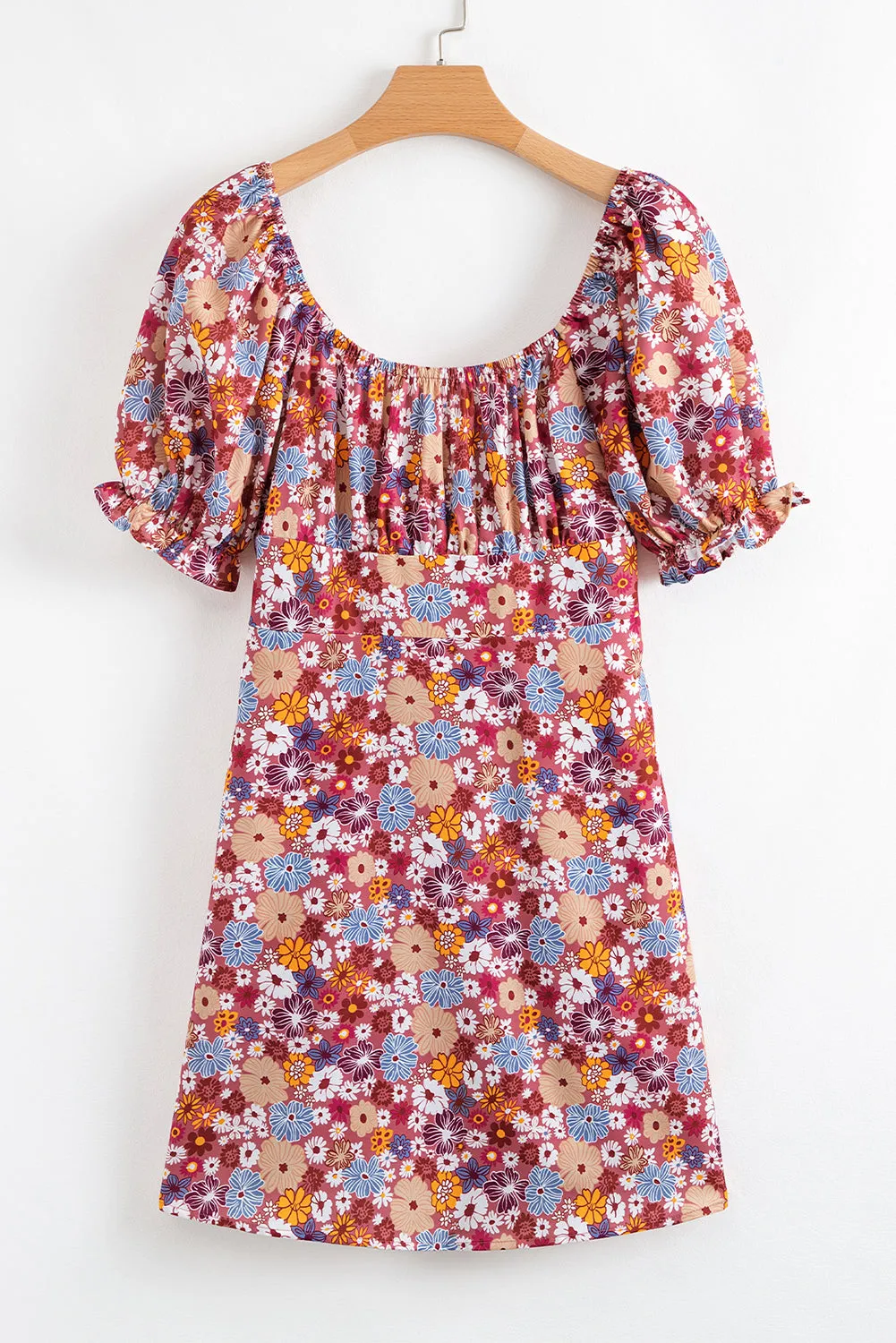 Red Floral Puff Sleeve Square Neck Knot Open Back Mini Dress sold by Beagle Boutique product image thumbnail 4