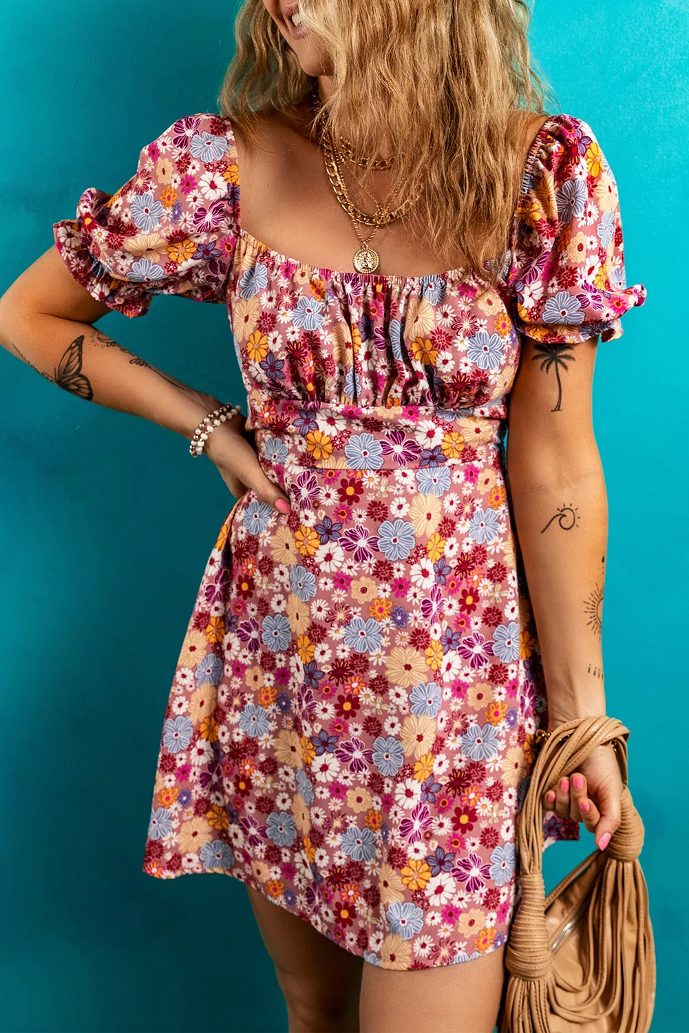 Red Floral Puff Sleeve Square Neck Knot Open Back Mini Dress sold by Beagle Boutique product image thumbnail 2