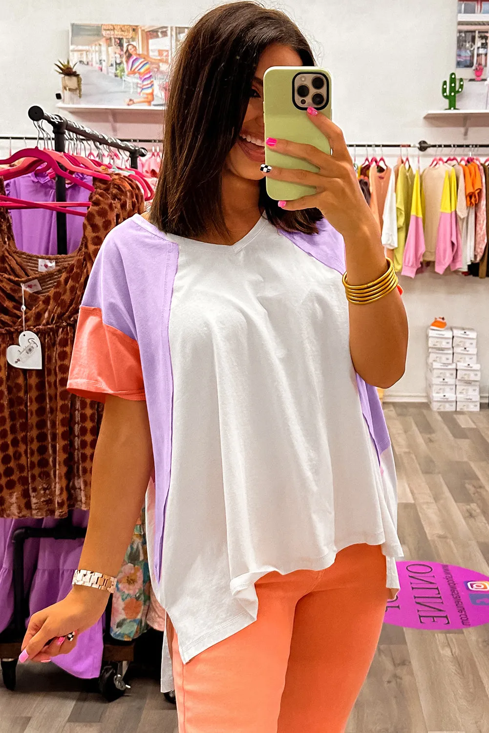 Beige Colourblock Patchwork V Neck Exposed Seam High Low T Shirt sold by Beagle Boutique product image thumbnail 3