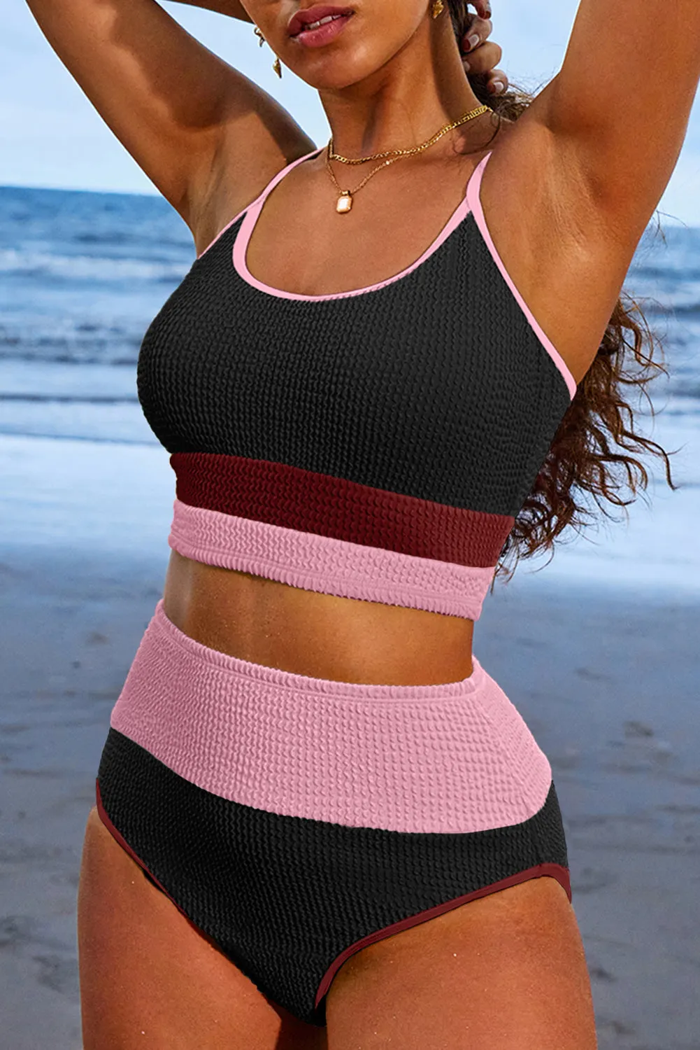Burgundy Color Block High Waisted Bikini Set sold by Beagle Boutique