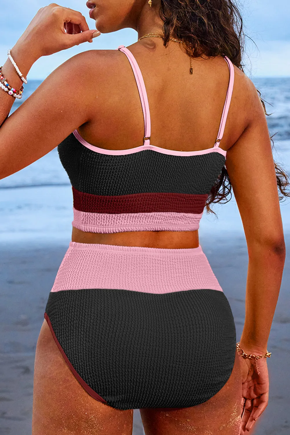 Burgundy Color Block High Waisted Bikini Set sold by Beagle Boutique product image thumbnail 2