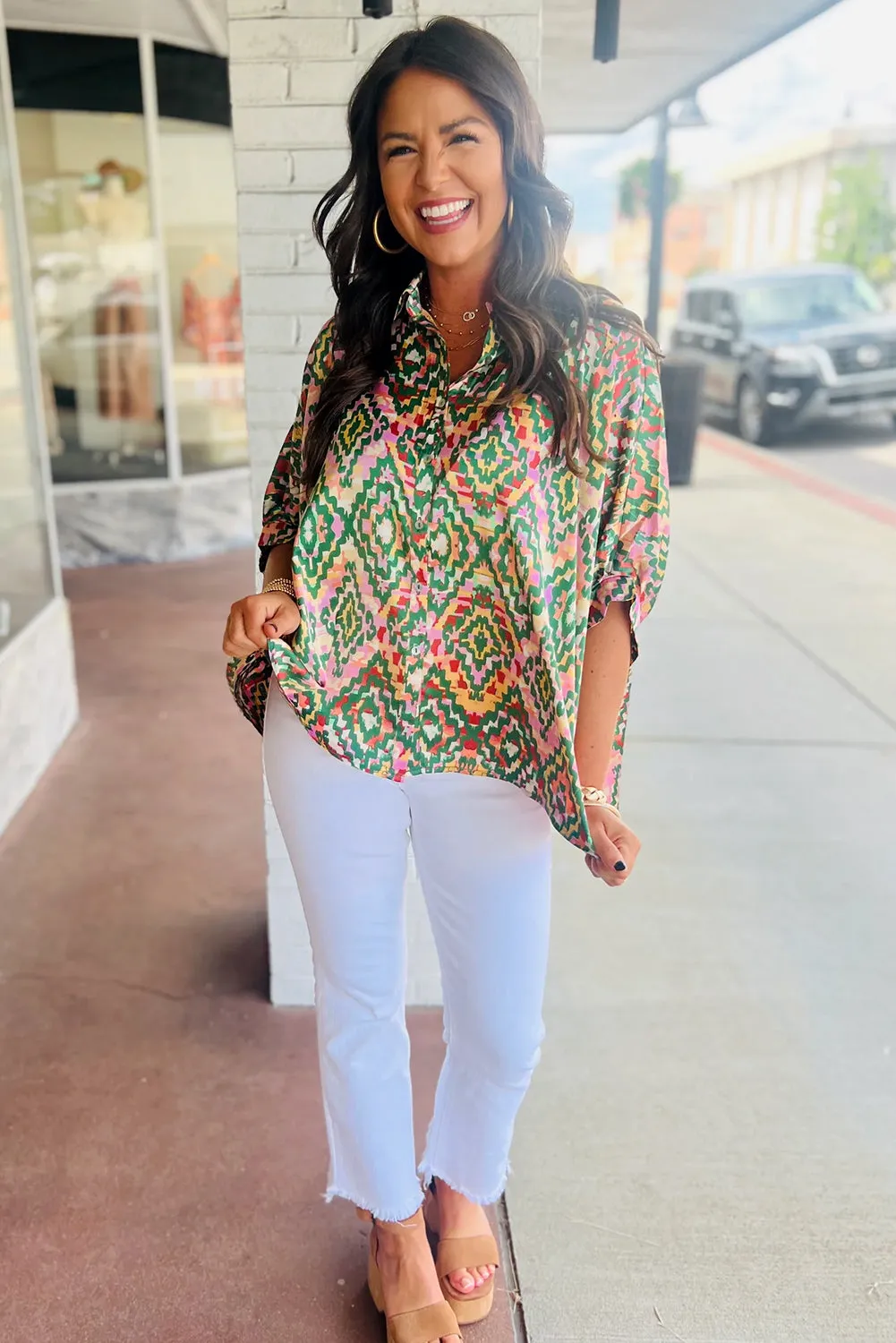 Dark Green Abstract Print Half Sleeve Button up Loose Shirt sold by Beagle Boutique product image thumbnail 3