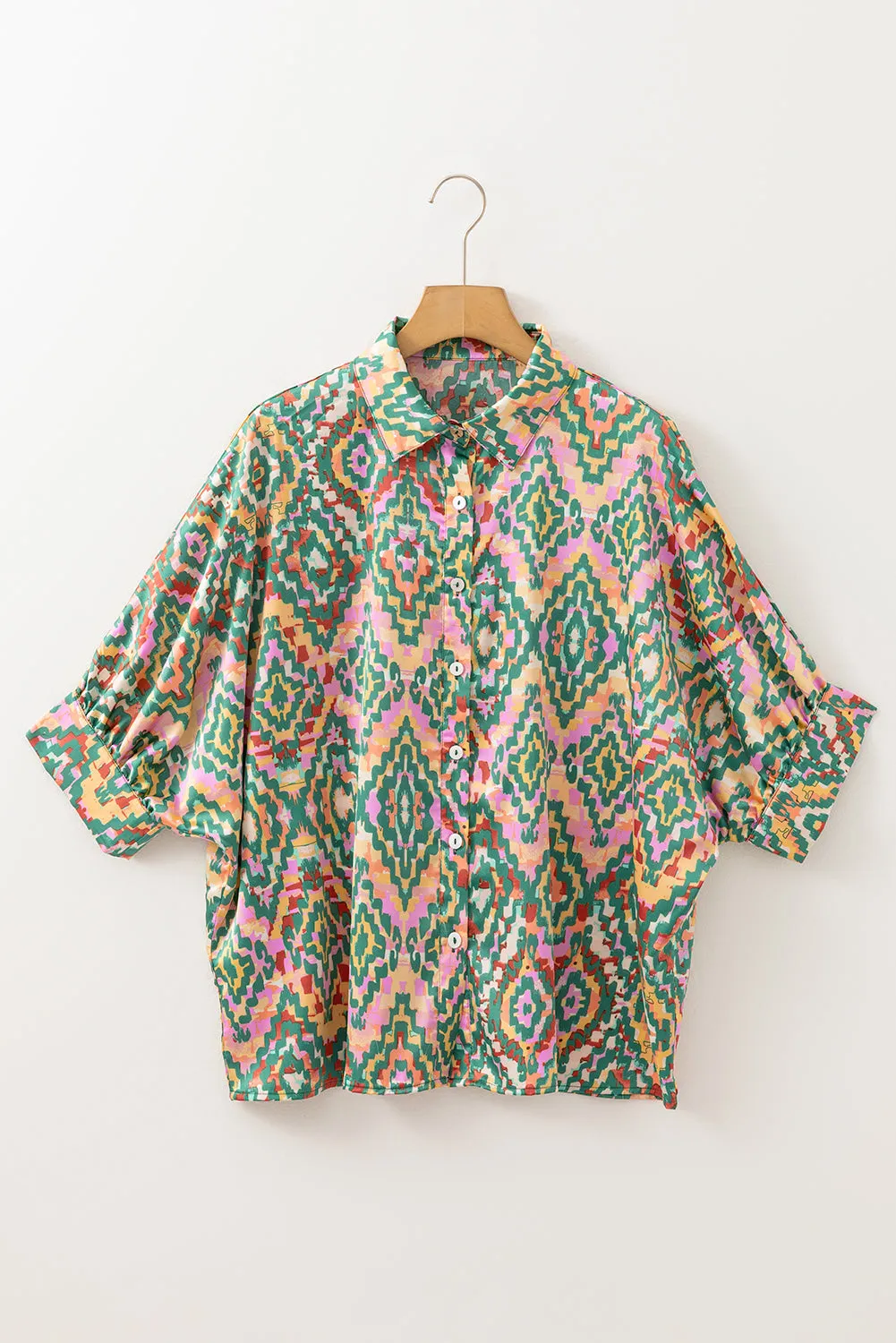 Dark Green Abstract Print Half Sleeve Button up Loose Shirt sold by Beagle Boutique product image thumbnail 4
