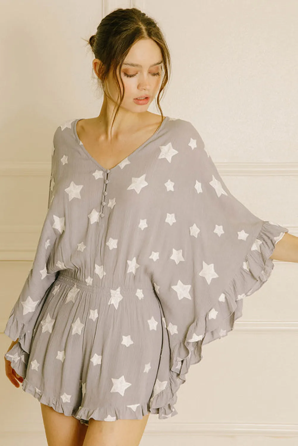 Grey Star Print Crinkle Textured Kimono Ruffle Sleeve Romper sold by Beagle Boutique product image thumbnail 5
