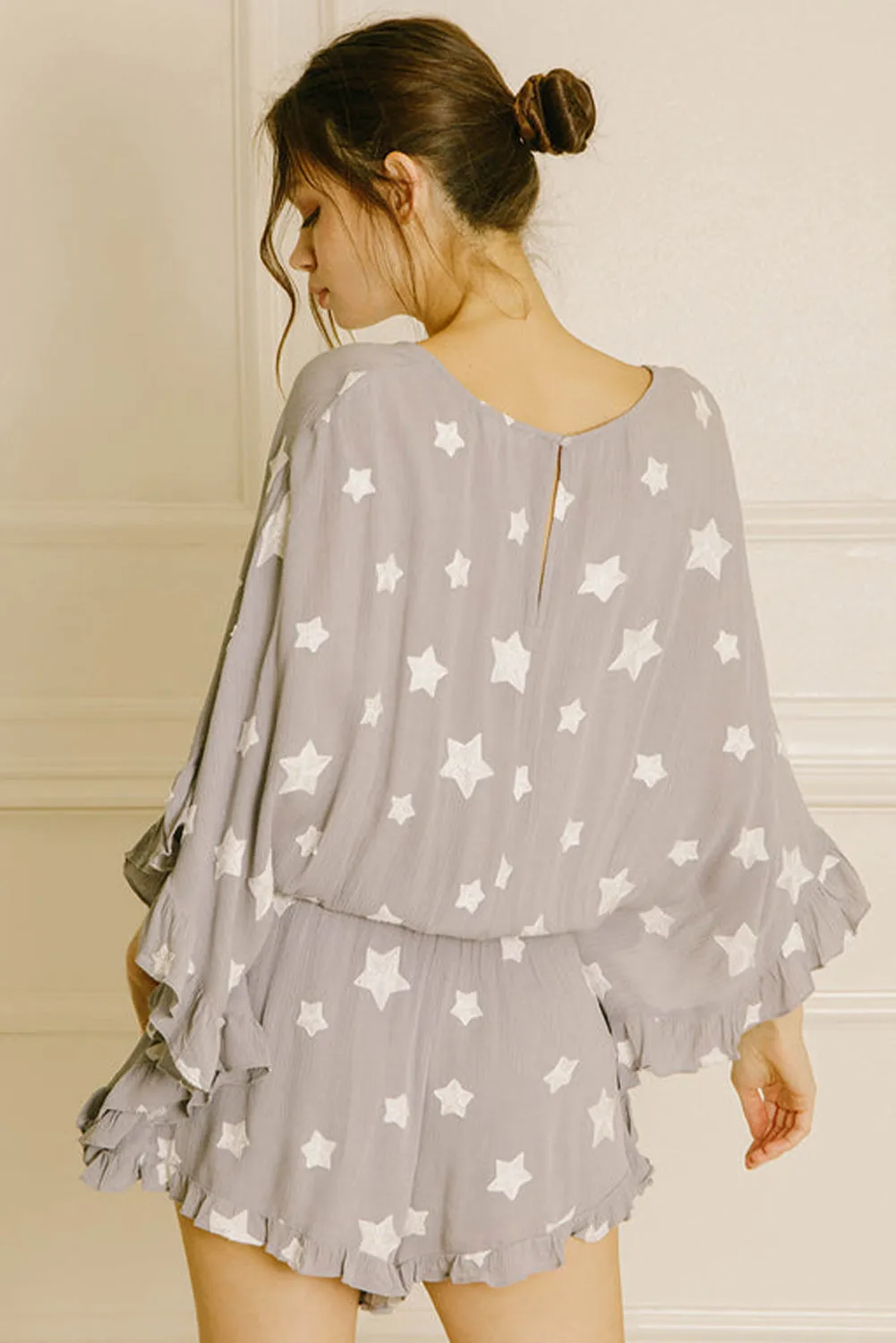 Grey Star Print Crinkle Textured Kimono Ruffle Sleeve Romper sold by Beagle Boutique product image thumbnail 2