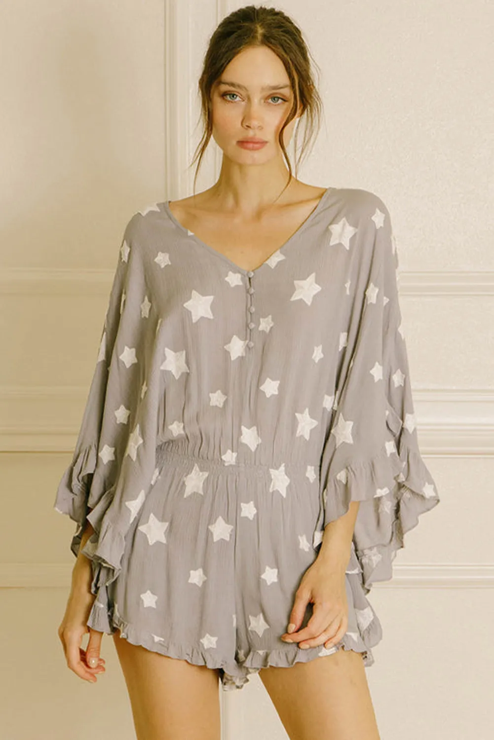 Grey Star Print Crinkle Textured Kimono Ruffle Sleeve Romper sold by Beagle Boutique product image thumbnail 3